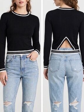 360SWEATER Italian Yarn Uma Black White Stripe Cut Out Back Pullover Sweater XS